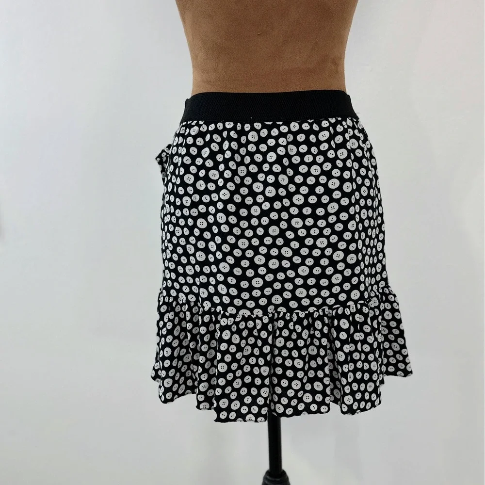 Maeve‎ Anthropologie Button Print Ruffle Mini Black White Asymmetrical Flounce